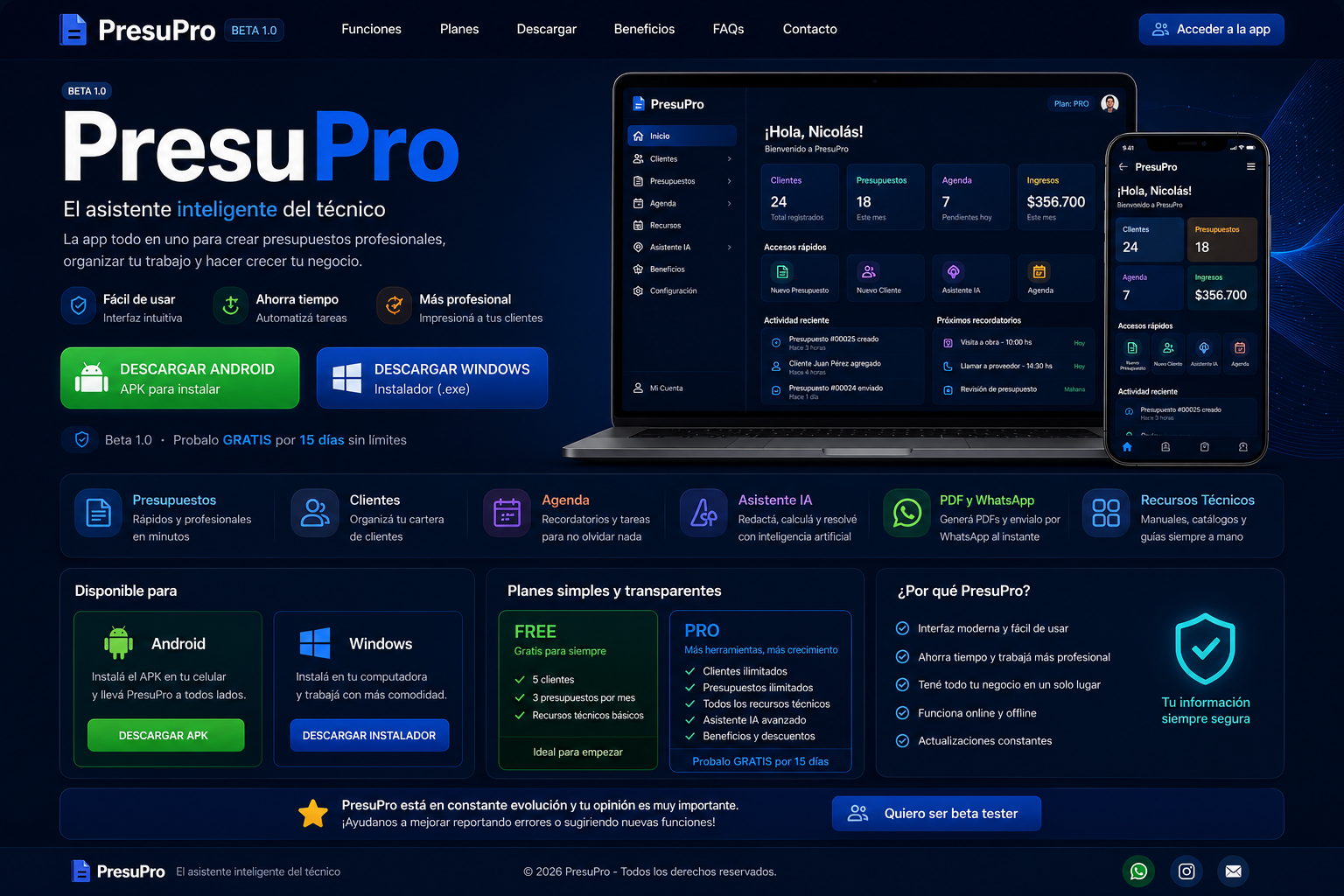 PresuPro funcionando en computadora y celular